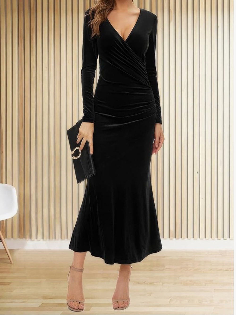 Black Velvet Wrap-Front Long Sleeve Maxi Dress